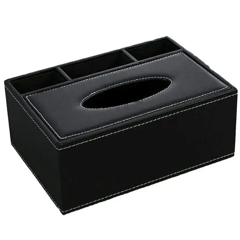 Læder Tissue Box Fjernbetjeningen Holder Multifunktionelle Desktop Arrangør Blyant, Saks Container (Sort)