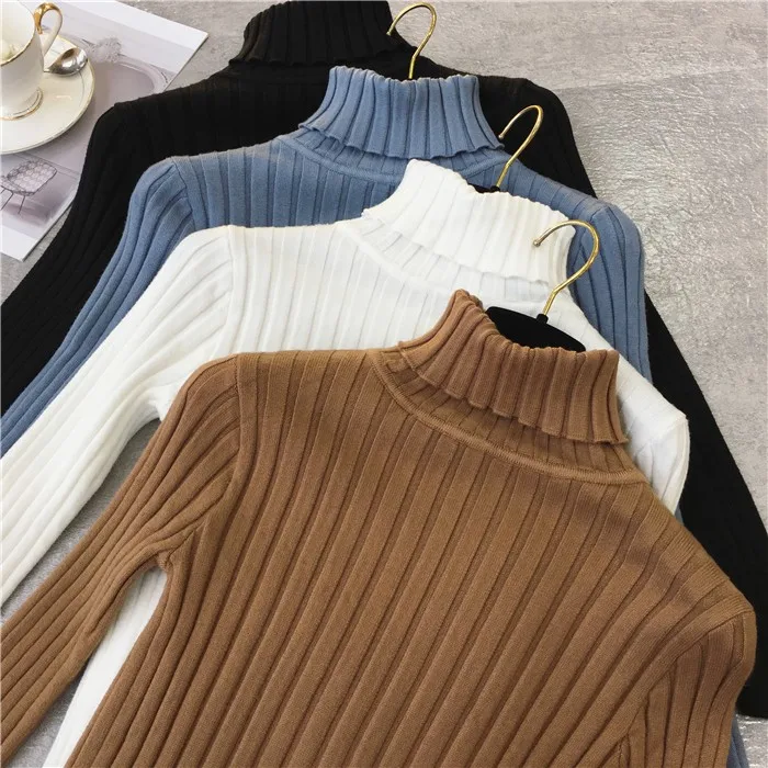 Til salg 2021 EFTERÅR og Vinter kvinder Strikket foldover Turtleneck Sweater Casual Blød rib Jumper Femme Mode Strækbar Pullover
