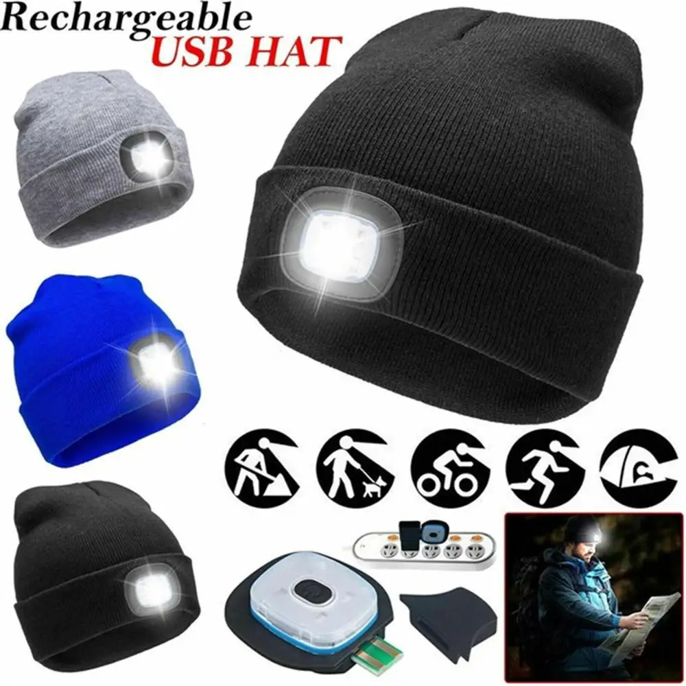 LED Lys Strikkede Hat USB-Opladning, Uld Hætte På Til Natten Cykel Kører Camping Fiskeri Hat Belysning Termisk Ulden Hætte