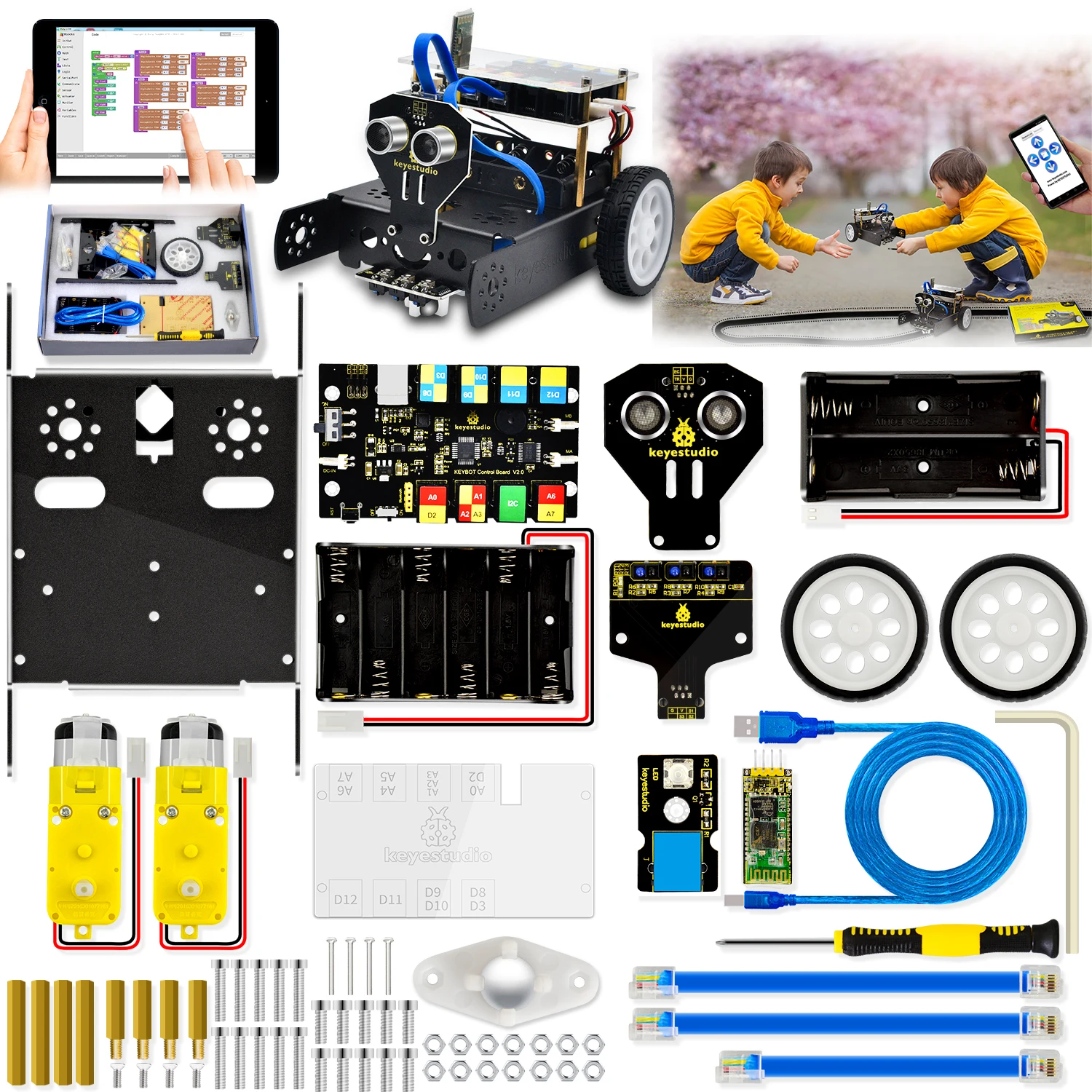 Keyestudio KEYBOT Programmerbare STEM Uddannelse Robot Bil Kit TB6612 Drevet RJ11 Kontrol Til Arduino Robot Grafisk Programmering