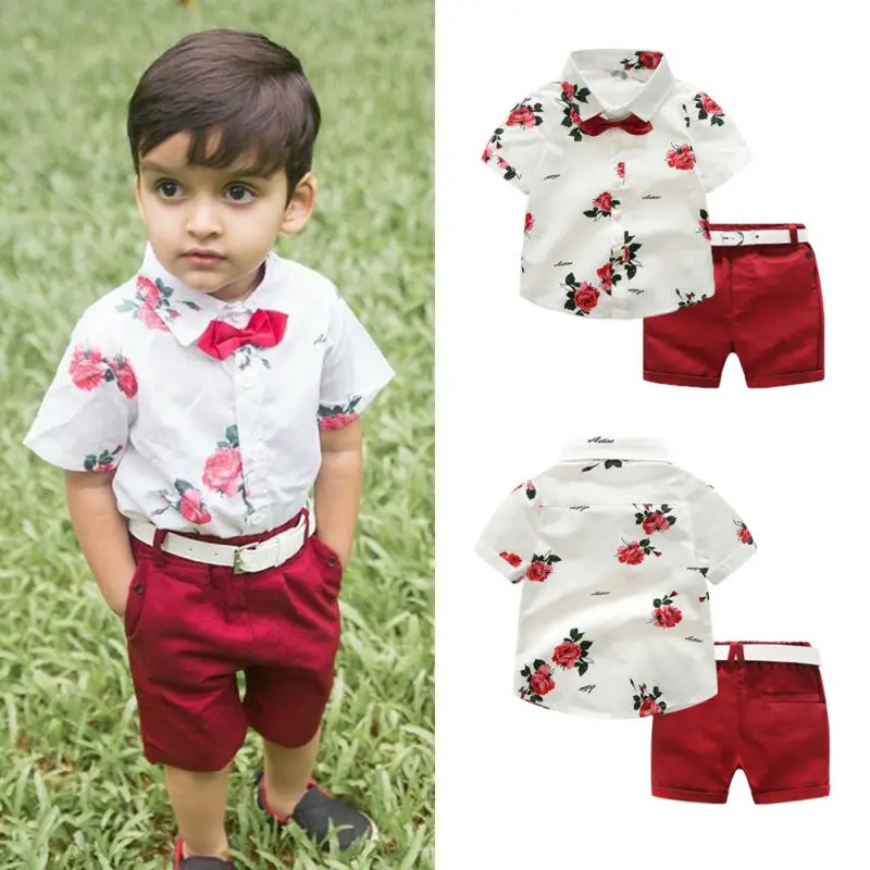 2STK Børn Toddler Dreng Uafgjort kort Blomstret ærme T-shirt, Toppe+røde shorts Herre, der Passer til bryllupsfest til Sommer Outfit