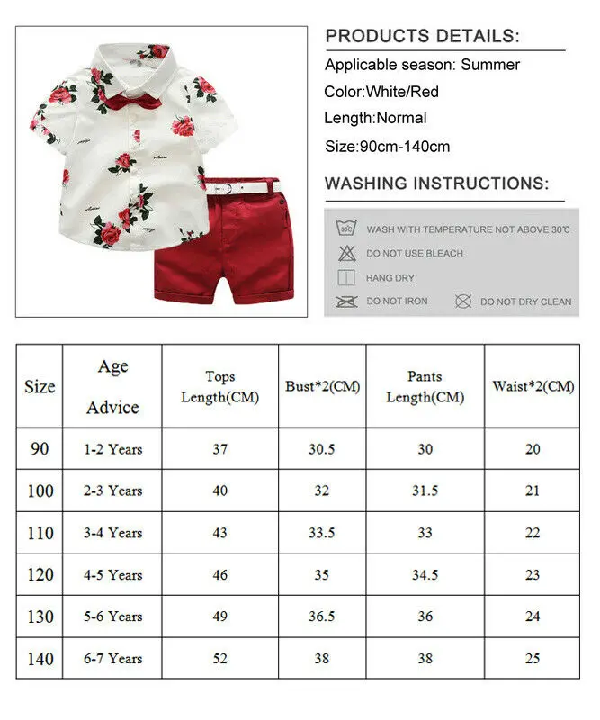 2STK Børn Toddler Dreng Uafgjort kort Blomstret ærme T-shirt, Toppe+røde shorts Herre, der Passer til bryllupsfest til Sommer Outfit