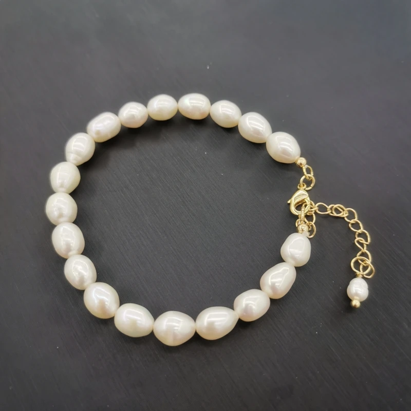 7mm Oval Naturlige Ferskvands Perle Armbånd Perler 14K Guld Fyldt Justerbar Kæde Hvide Perler Elegant Tilpasset Til Kvinder Gave
