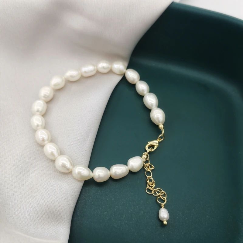 7mm Oval Naturlige Ferskvands Perle Armbånd Perler 14K Guld Fyldt Justerbar Kæde Hvide Perler Elegant Tilpasset Til Kvinder Gave