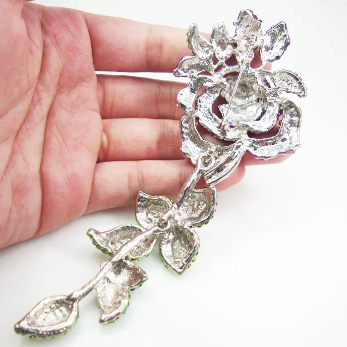 Broche Sølv Tone, Vintage Rose Broche Pin Blomst Smykker Blå Rhinestone Krystal