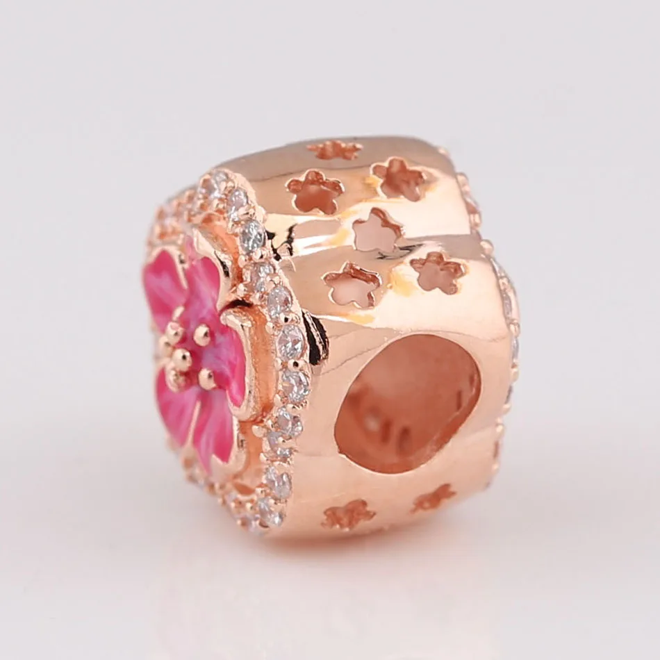 Autentisk S925 Sølv, Emalje Peach Blossom Blomst Med Krystal Perle-Charme fit Dame armbånd Armbånd DIY Smykker