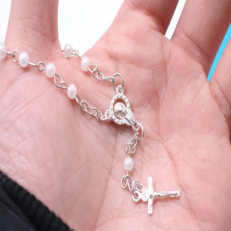 12 Stykker / 4mm Hvid Perle Rustfrit Stål Perler Katolske Rosenkrans Armbånd Jesus Kors Katolske Armbånd Ferie Gave