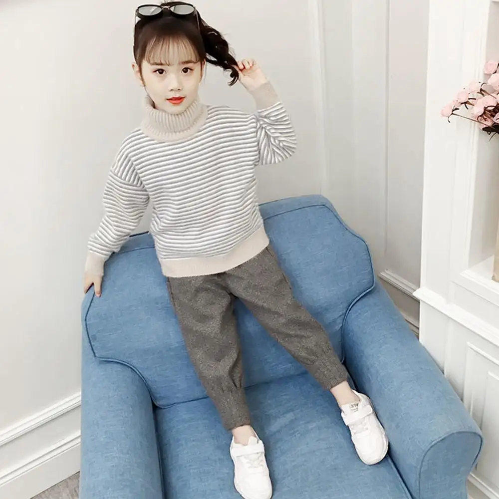 Piger Tykke Falske To Trøjer Baby Buksetrold Pige Vinter Tøj Rullekrave koreansk Stil Strikkede Trøjer til Teenage-Piger 8 12 6