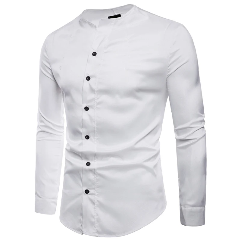 2019 Nye herre Rund Hals Shirts Mandlige Efteråret Afslappet langærmet Shirts Slim Fit Solid Farve Sort Hvid Skjorte Toppe M-2XL
