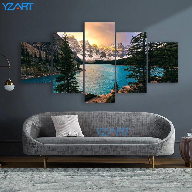 Lærred Maleri 5 Stykker Canada Moraine Lake og Rocky Mountain Liggende Sunrise Plakat HD Print Væg Kunst for Living Room Decor