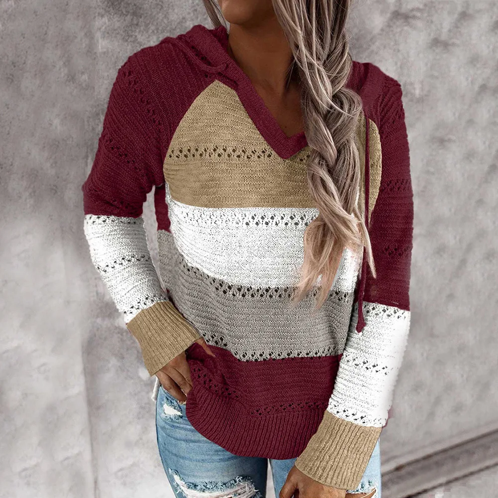 Kvinders Hætteklædte strik Sweater 2020 Efterår og Vinter Tøj Kontrastfarve Syninger Hooded Lang-Ærmet Strik Kvinder Trøjer