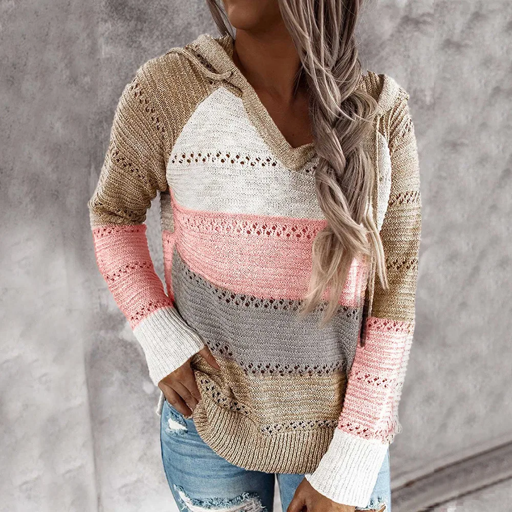 Kvinders Hætteklædte strik Sweater 2020 Efterår og Vinter Tøj Kontrastfarve Syninger Hooded Lang-Ærmet Strik Kvinder Trøjer