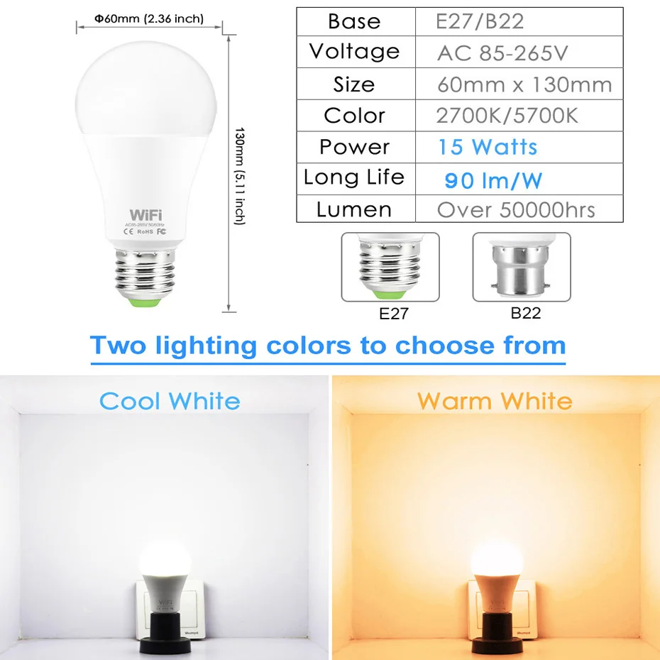 Smart Home LED Pærer 110V 220V WiFi Led-Lampe 15W Ampul Led E27 B22 Dæmpbar Lampada Smart Arbejde Med Amazon Alexa Google Startside
