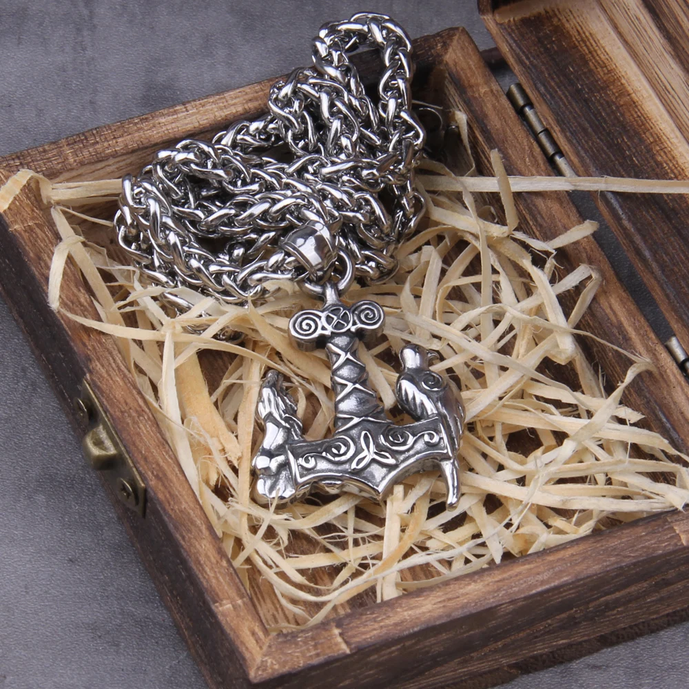 Rustfrit Stål Vikingerne smykker Ravn og ulv på viking Thor ' s hammer halskæde med træ-boks, som gave