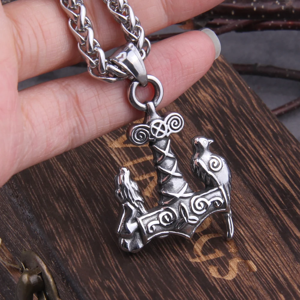Rustfrit Stål Vikingerne smykker Ravn og ulv på viking Thor ' s hammer halskæde med træ-boks, som gave