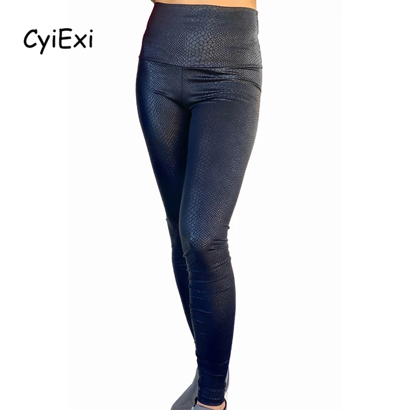 CyiExi Sort Høj Talje Kvinder Legging Skinnende Elastisk Satin og Læder Leopard Struktureret Trænings-og Kvindelige Bukser Smarte, Sexede Leggings S-XL