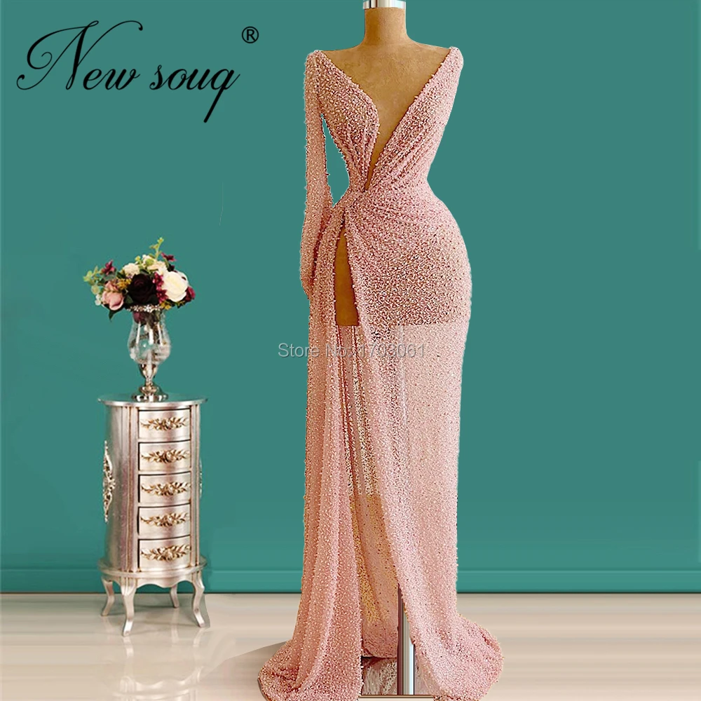 Afrikanske Lange Ærmer Beaded Party Kjoler Cut-out Pink Beaded Dubai Aften Kjole Robe De Soiree Aibye V Hals 2020 Berømthed Kjole