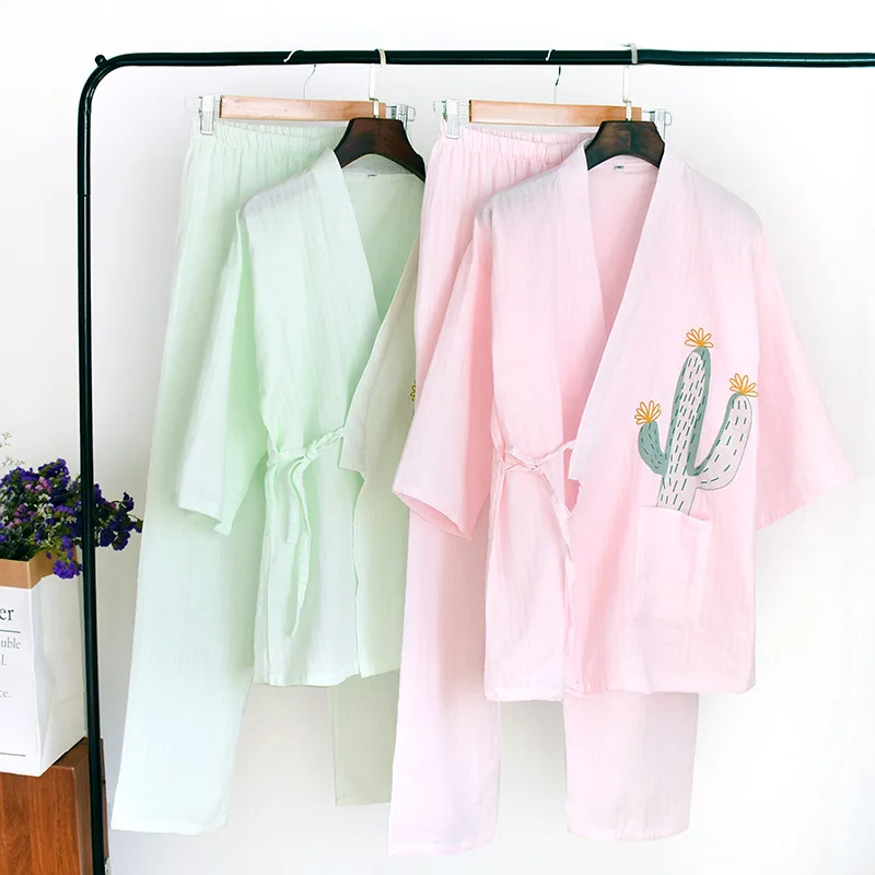 Japansk kimono damer bomulds-gaze pyjamas, der passer pink lys grøn kortærmet bukser hjem service yukata løs sommer
