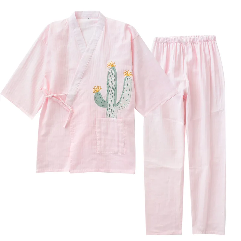 Japansk kimono damer bomulds-gaze pyjamas, der passer pink lys grøn kortærmet bukser hjem service yukata løs sommer