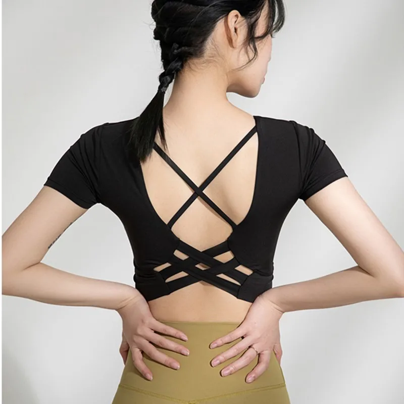 2020 Sexy Cross Ryg-Yoga Top Korte Ærmer Trænings T-Shirt til Kvinder svedtransporterende Løbe Sport Tee Fitness Top Med bryst pad