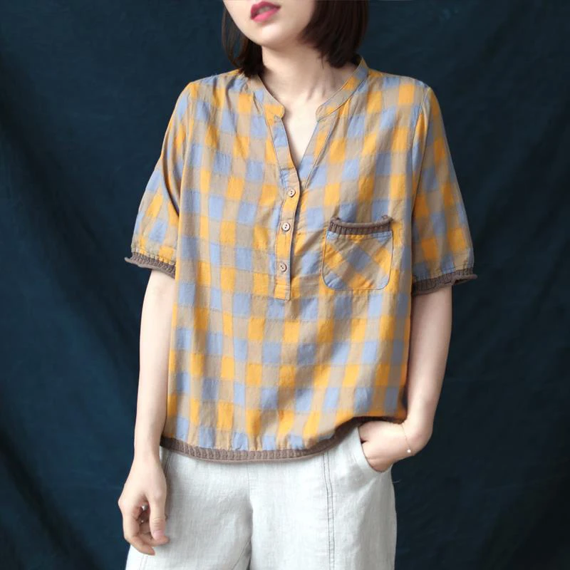 2020 Sommeren Arts-Stil Kvinder kortærmet Casual V-hals Shirts Bomuld Plaid Vintage Bluse Løse Toppe Femme Blusas M49