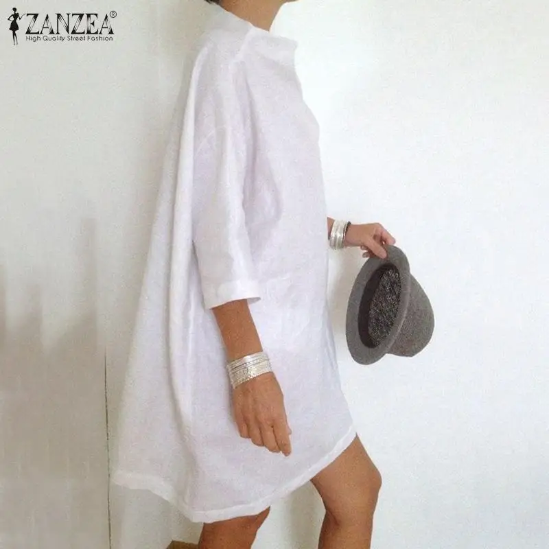 ZANZEA Kvinder Mini Kjole 2021 Fashion Damer Rullekrave Vestidos Casual Solid Robe LongueSummer Korte Ærmer Sundress Oversize