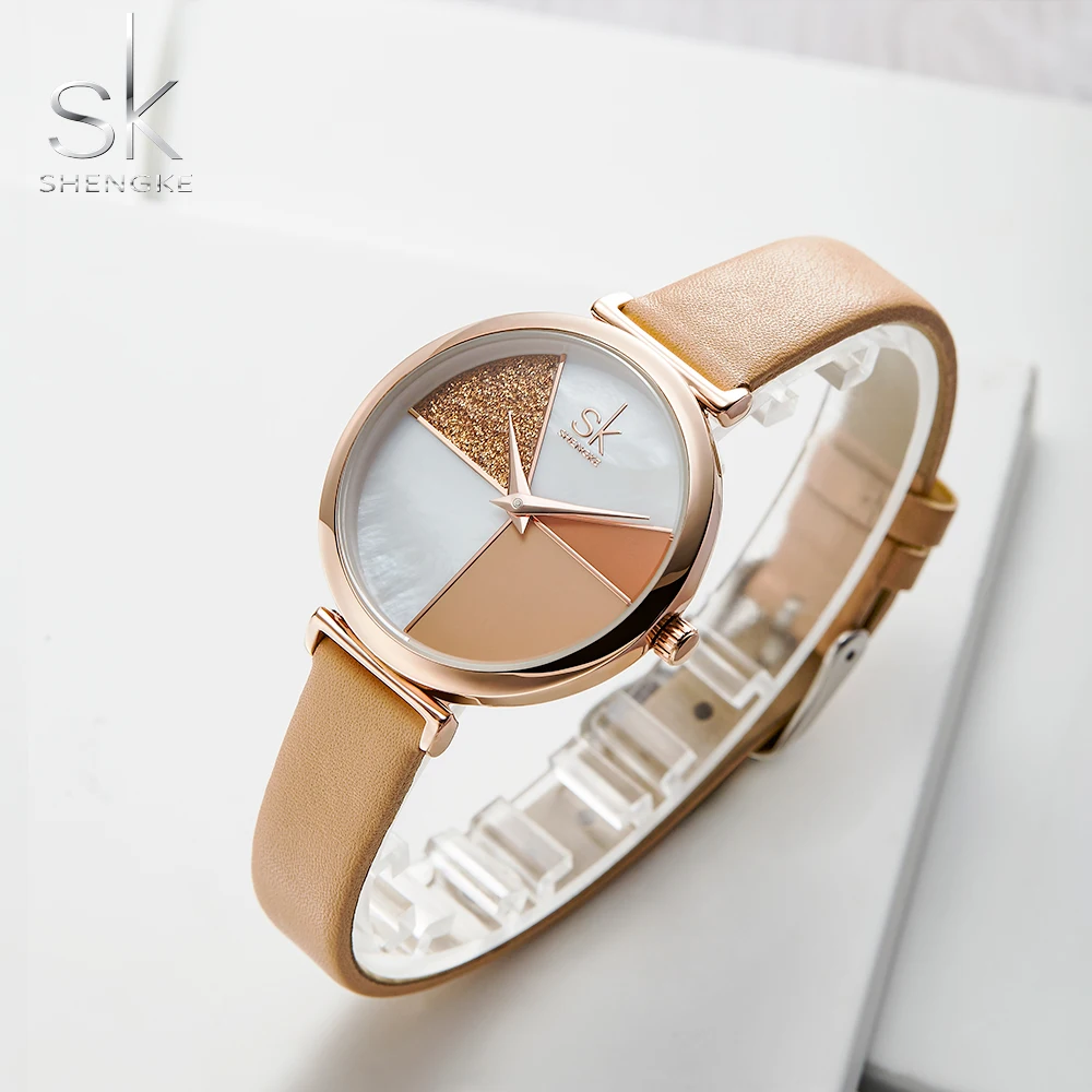 Shengke Se Kvinder Shell Dial leather dameur Japansk Quartz Movement Ultra Slim Spænde Remmen Reloj Mujer Montre Femme