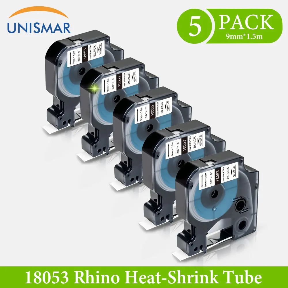Unismar 5PK 9mm Label Tape Kompatible Dymo 18053 Rhino Label Maker Sort på Hvid-Industriel Tape til Rhino 5200 6000 Printer