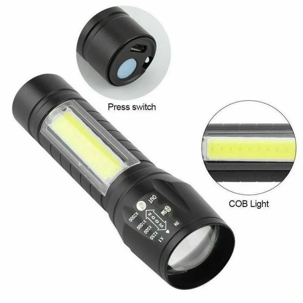 LED USB-Genopladelig Lommelygte T6 COB Lys 3-Belysning-Tilstande Zoom Flash-Brænder Indbygget Batteri Udendørs Camping Vandtæt