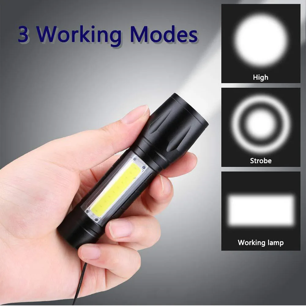 LED USB-Genopladelig Lommelygte T6 COB Lys 3-Belysning-Tilstande Zoom Flash-Brænder Indbygget Batteri Udendørs Camping Vandtæt