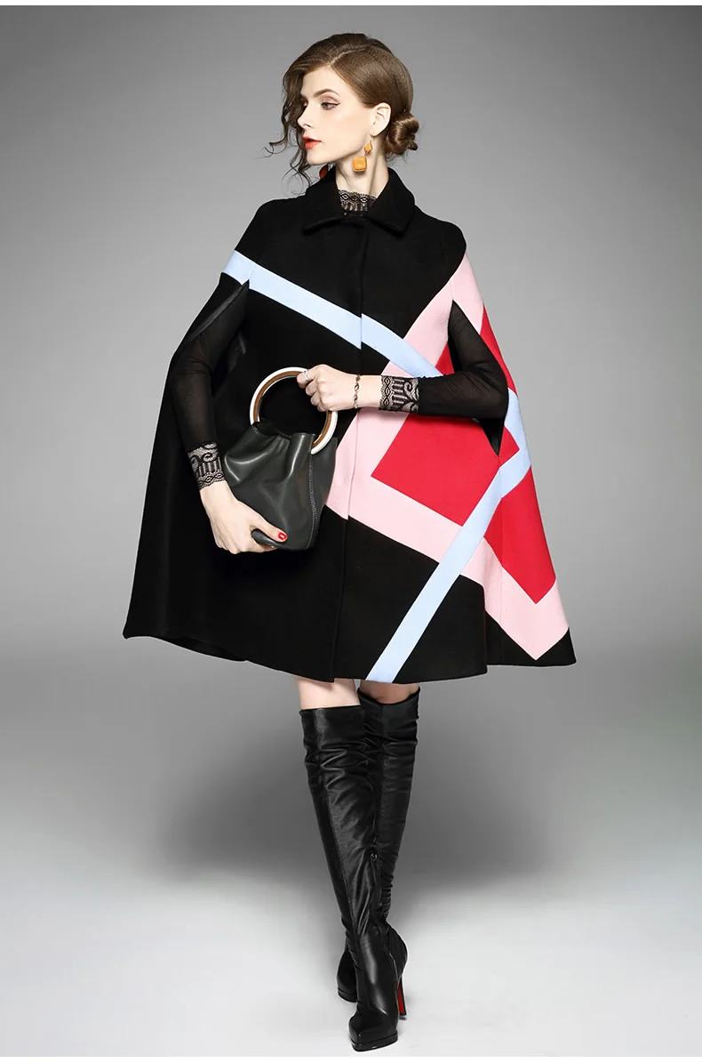 Nye 2019 Fashion Kvinder Vinterjakke Geometrisk Mønster Batwing Ærme Uldne Varm Kappe Ponchoer Cape Pels, Uld Blandinger Overtøj