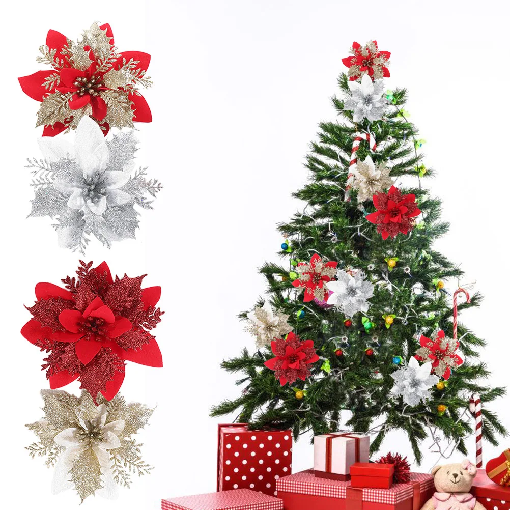 4stk/sæt Kunstige Jul Blomster, Glitter Falske Blomster Glædelig juletræ Xmas Dekorationer Pynt til Hjemmet nytår