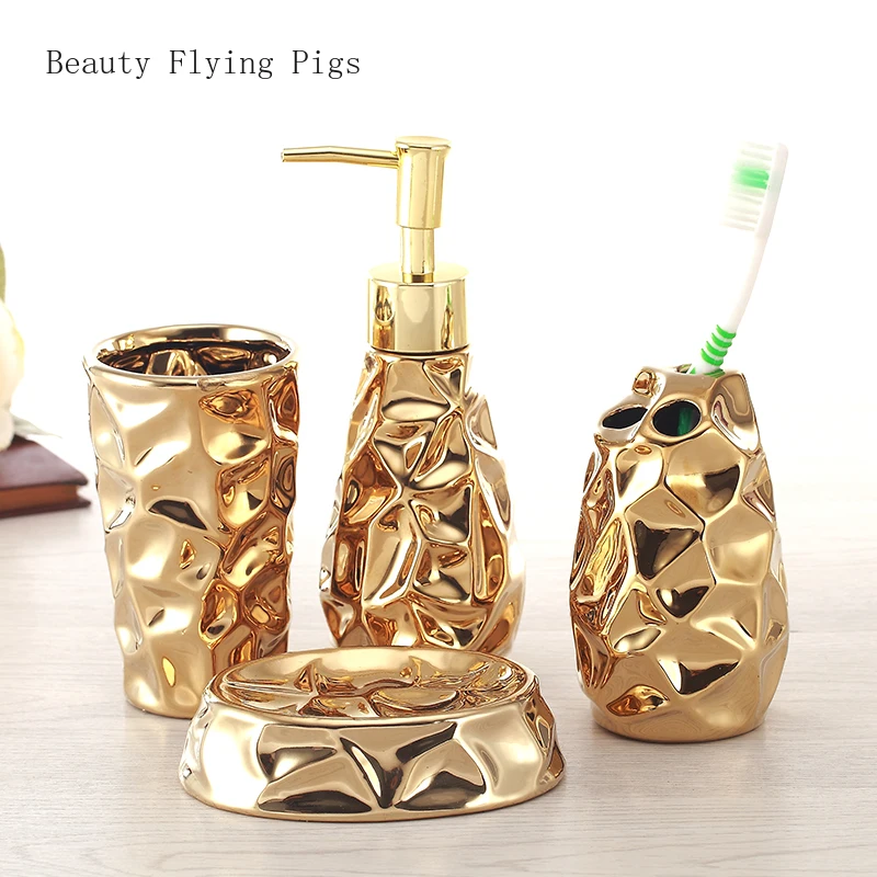 Keramiske badeværelse sæt fire-stykke Guld tand børste Sæbe Dispenser sæbe kasse i badeværelset dekoration tilbehør Bryllup gaver