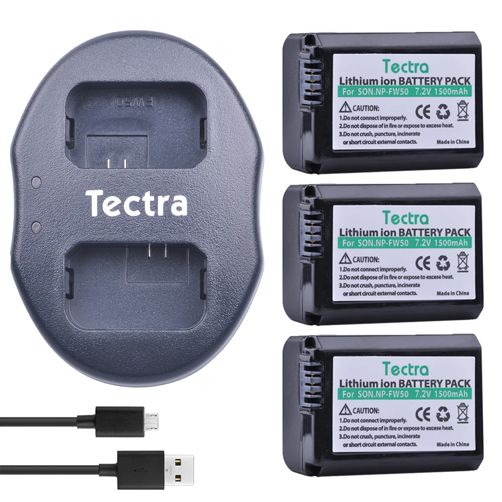 Tectra 3stk NP-FW50 NP-FW50 NPFW50 Batteri + Dual USB Oplader til Sony Alpha 7 a7 7R a7R 7S a7S a3000 a5000 a6000 NEX-3 Batería