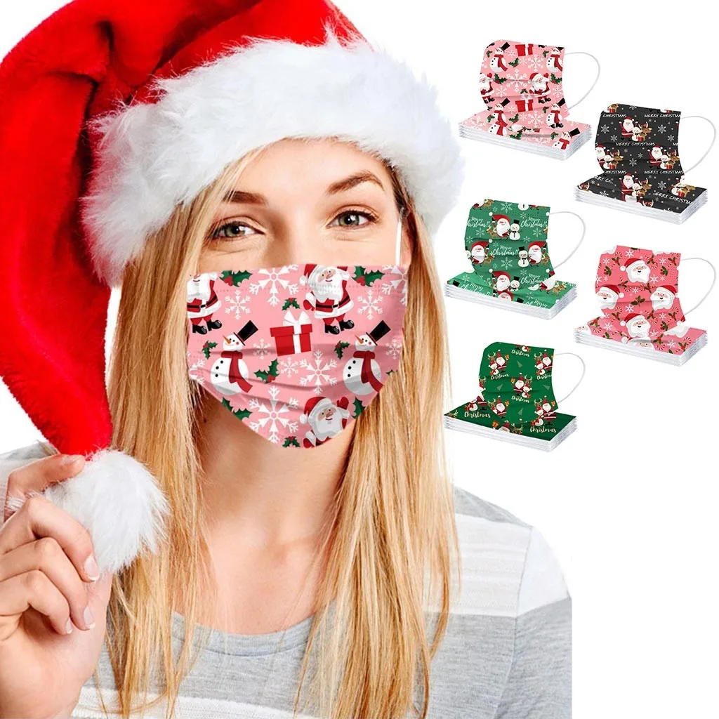 50stk Unisex jul ansigt maske Jul Trykt Bløde Ikke-vævet Masker Til Voksne, 3-Lags Anti-støv Maske støtte masque K4