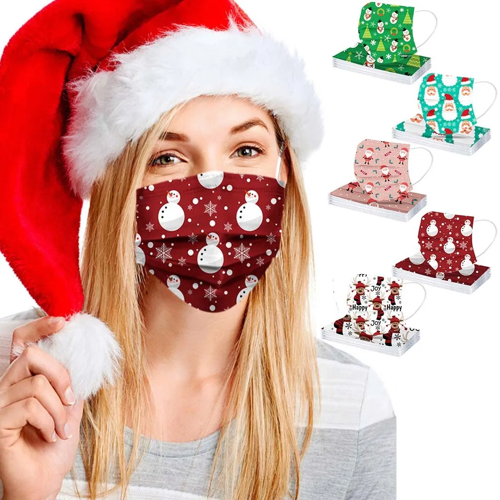 50stk Unisex jul ansigt maske Jul Trykt Bløde Ikke-vævet Masker Til Voksne, 3-Lags Anti-støv Maske støtte masque K4