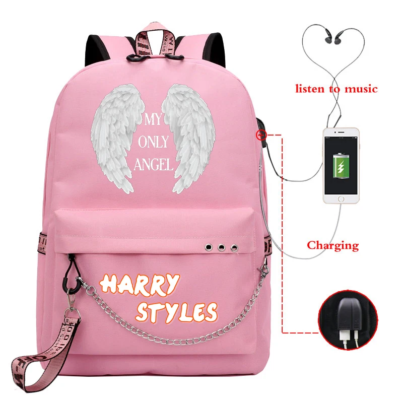 Harry Styles MIN ENESTE ENGEL Kvinder Rygsæk Usb Charge Laptop Rygsæk skoletaske til Teenage-Piger Rejse Rygsæk Pink indstillinger indstillinger