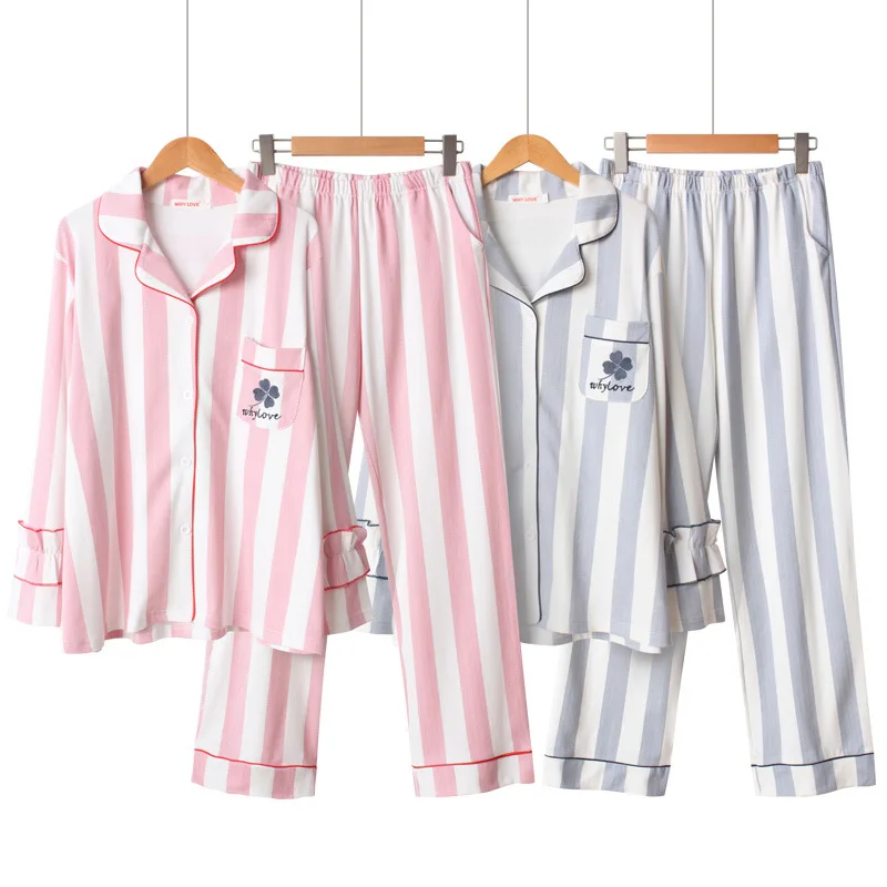 Spring Ny Bomuld Nattøj langærmet Pyjamas for Kvinder Løs Lodret Stribe Broderi Kløver Udskrivning Pyjamas Pink Pijama