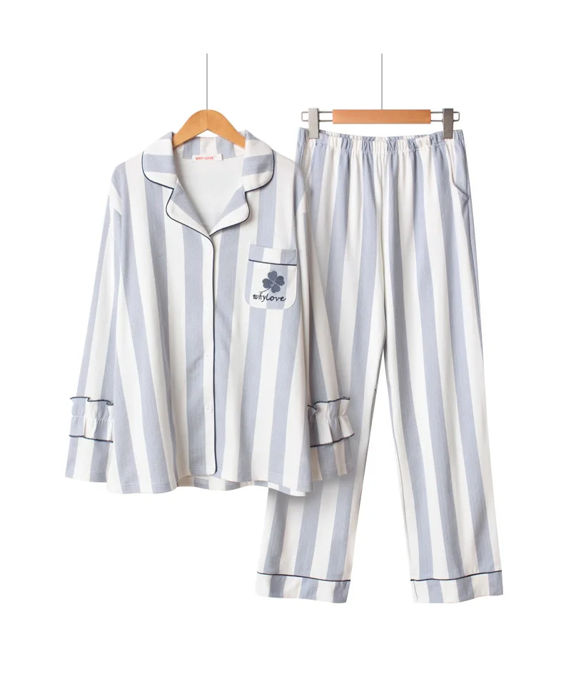 Spring Ny Bomuld Nattøj langærmet Pyjamas for Kvinder Løs Lodret Stribe Broderi Kløver Udskrivning Pyjamas Pink Pijama