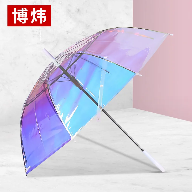 Kvinder Regn Og Shine produkter med Dobbelt anvendelse, Paraply Gennemsigtig Paraply Kreative Laser Iris Paraply Semi-automatisk Rainbow Paraply