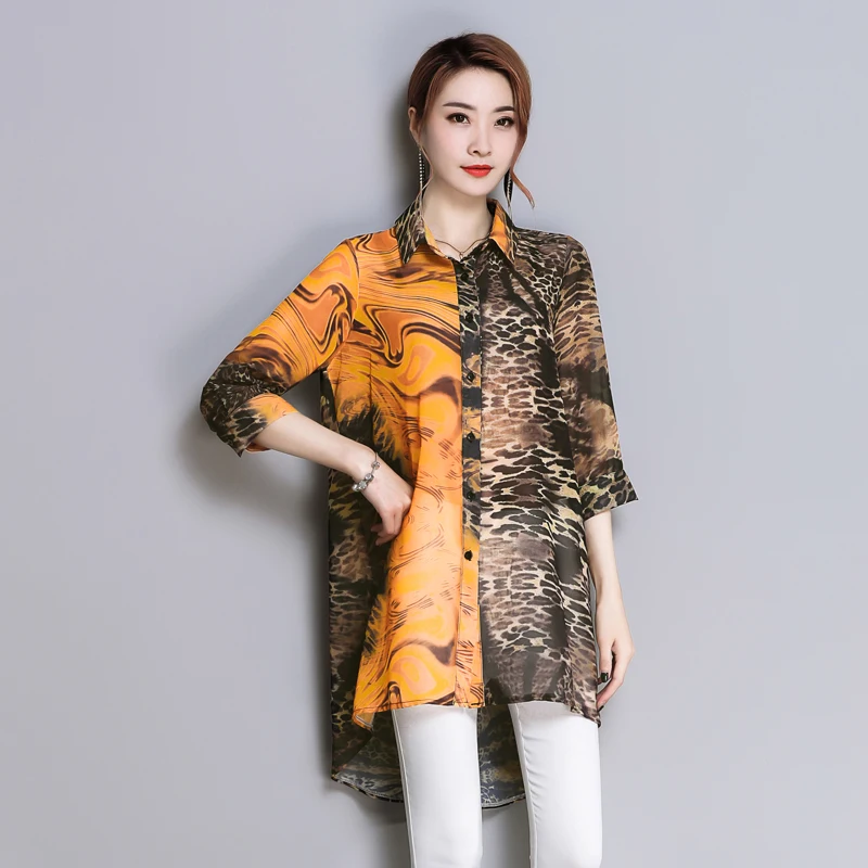 #2949 Foråret Sommeren Leopard Skjorte Kvinder, Tre Kvart Ærme Chiffon Skjorte Plus Size Casual Løs Elegante Lange Shirt Til Kvinder