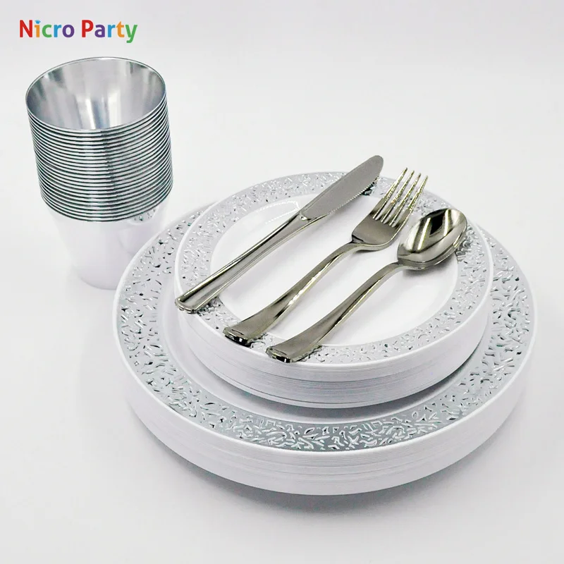 Nicro 150 stk/sæt Guld, Sølv, Rose Guld Kopper Plast Plader Gaffel Knive, Skeer Disponibel Klart Stel