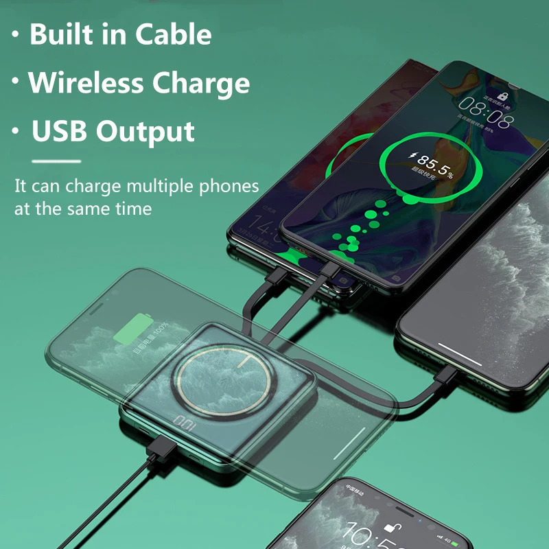 CASEIER Trådløse Oplader 10000mAh Mini Power Bank Til iPhone 12 Bulit i 4 Kabler Powerbank Ekstern Batteri Til Samsung Xiaomi