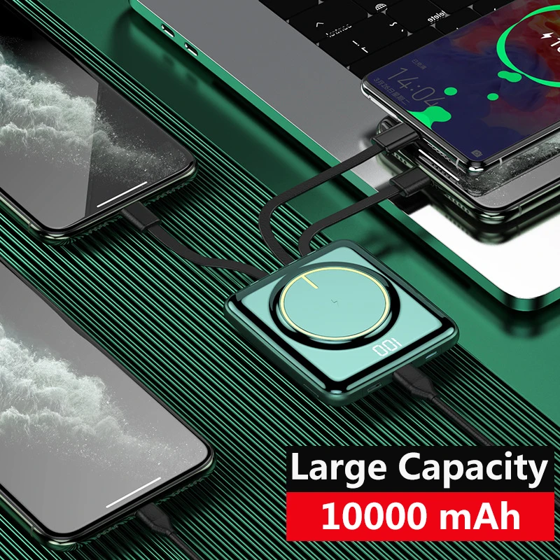 CASEIER Trådløse Oplader 10000mAh Mini Power Bank Til iPhone 12 Bulit i 4 Kabler Powerbank Ekstern Batteri Til Samsung Xiaomi