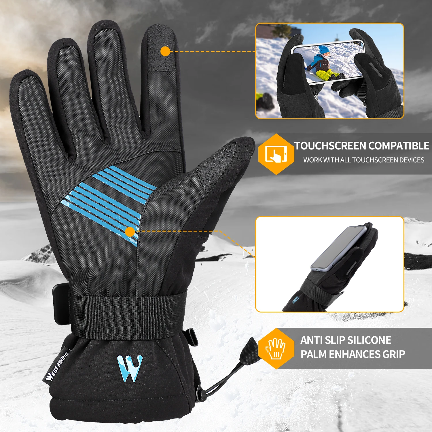 Vinter handsker varm dobbelt passer til opbevaring af handsker 3M vandtæt touch skærm, snowboard, snescooter ridning sports handsker