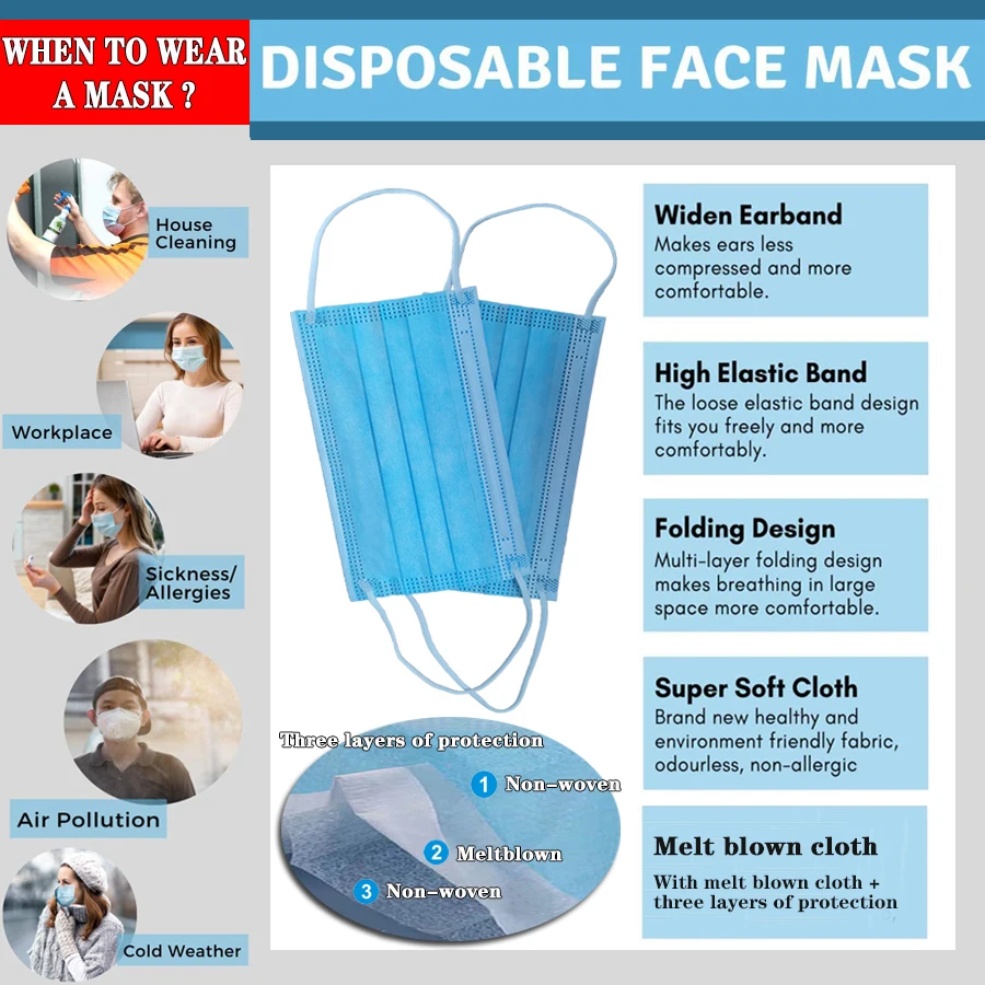 Individuelt Pakket Disponibel Ansigtsmaske Nonwove 3 Lag Lags Filter Anti Støv Maske Ansigt Sikkerhed Smelteblæst Klud Beskyttende Maske