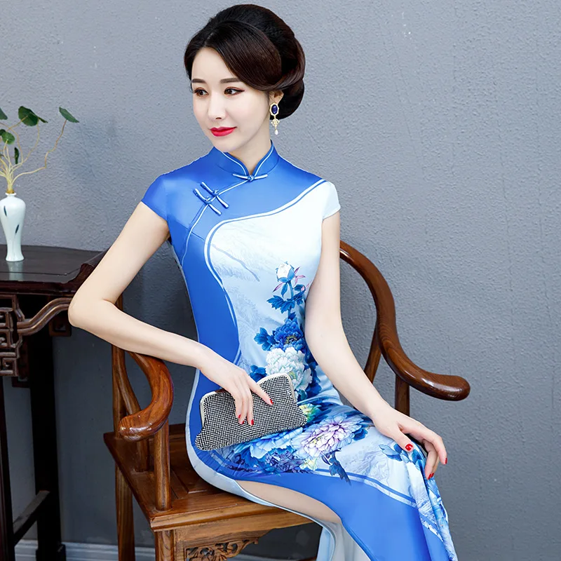 Oversize 5XL Nye Kvindelige Satin Traditionel Kinesisk Kjole til Aften udskrive Kort Ærme Elegant lang Qipao Vintage Orientalsk Bryllup