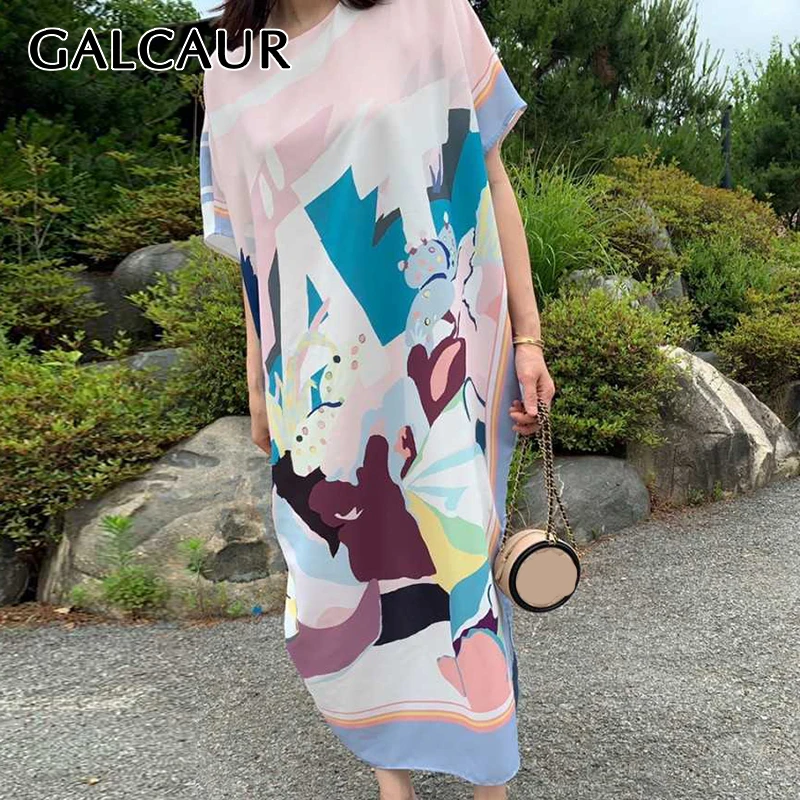 GALCAUR Print Hit Farve Kvindernes Påklædning O-Hals, Korte Ærmer Casual Løs Gratis Størrelsen Maxi Kjoler Kvindelige Chik Stil Tøj 2020