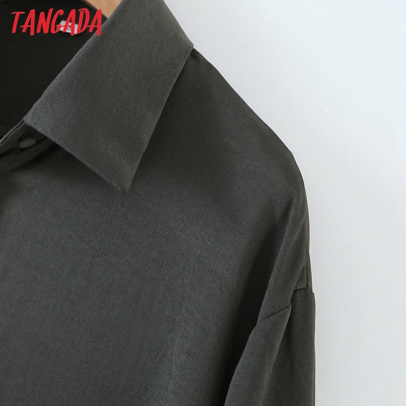 Tangada Kvinder Solid Satin Shirts med Lange Ærmer Fast Turn Down Krave Elegante Kontor Damer Arbejde at Bære Bluser QB82