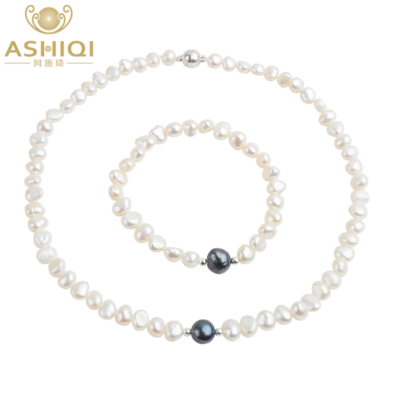 ASHIQI Ægte Ferskvands Perle Smykker sæt til Kvinder med Ren 925 Sterling Sølv Perler, Håndlavet Halskæde Armbånd Brude Gave